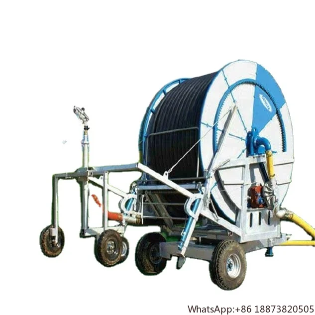 New Type Water Hose Reel Irrigation System Travelling Wheels Watering Machine With Spray Gun In Farm