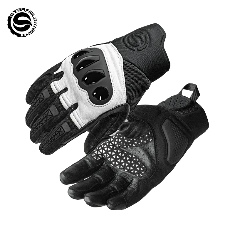 

SFK White&Black Motorcyle Gloves Real Goat Leather Full Finger Riding Glove Summer Mesh Breathable Anti Collision Wear-resistant