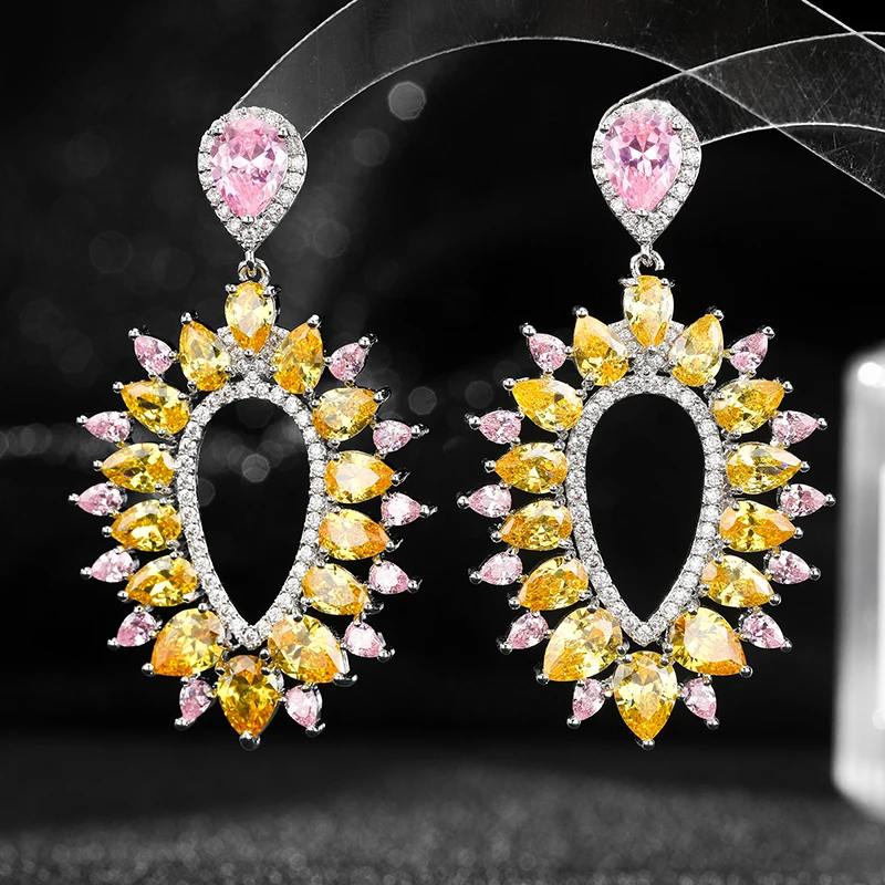 

SENYU Sparkling Pink Teardrop&Yellow Marquise Zircon Drop Earrings Glamorous Crystal Exquisite Wedding Jewelry for Parties Glam