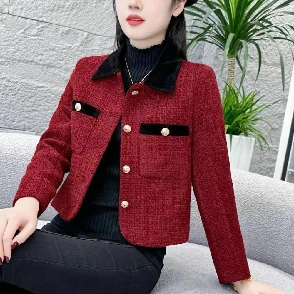 Chaquetas medio cortas para mujer, abrigo acolchado de lana y mezclas de algodón rojo para mujer, ropa informal de moda de estilo coreano, individual y caliente