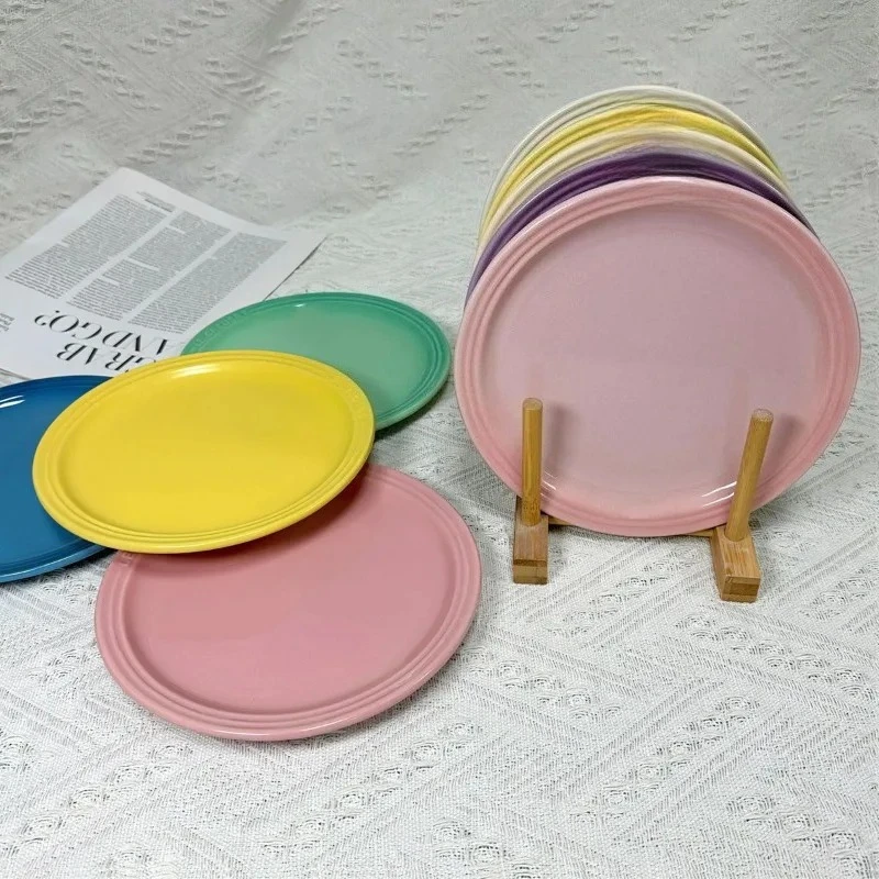 

French 18cm Ceramic Flat Plate, Shallow Trays High-end Steak Vegetable Plates, Household Western Food Tableware