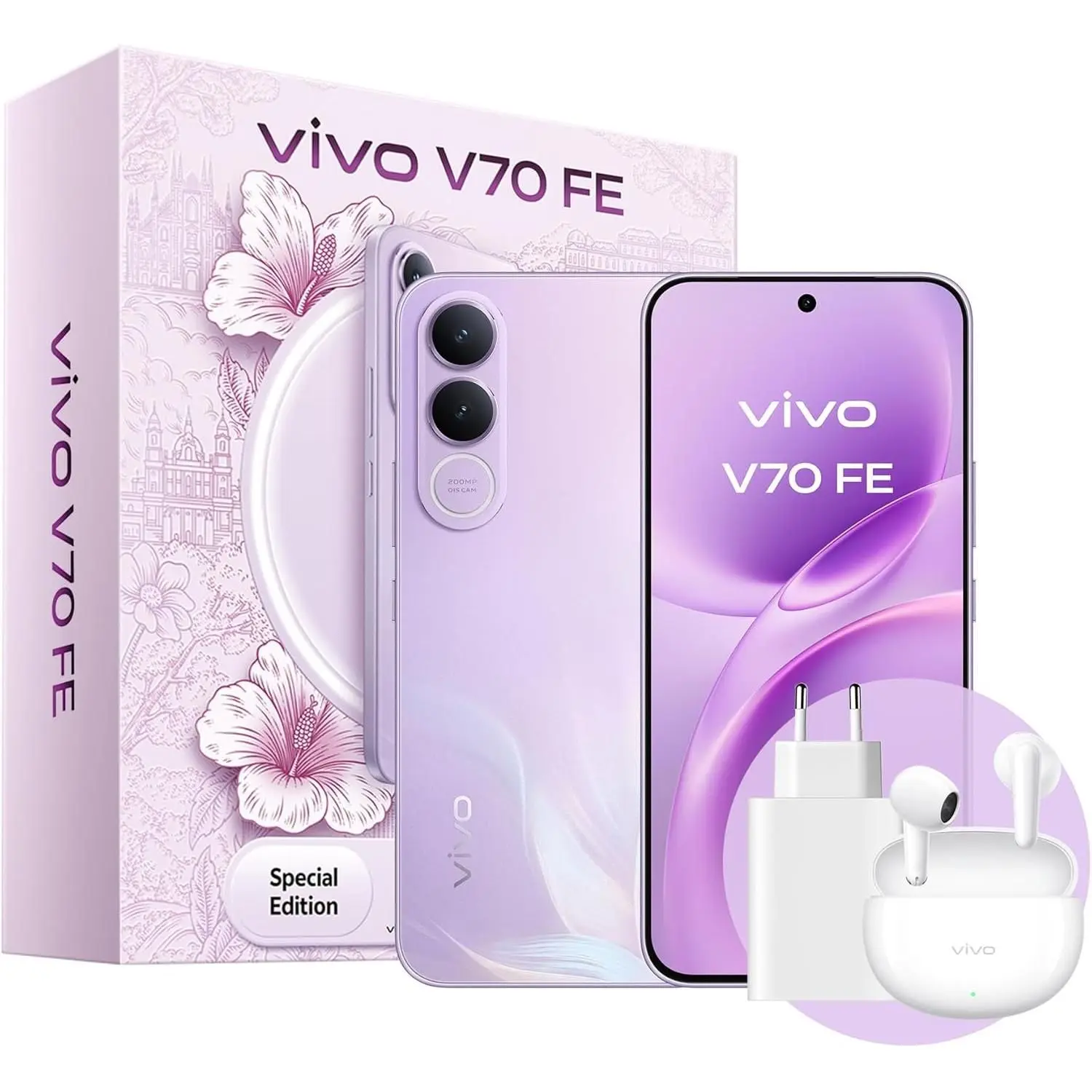 Teléfono – vivo V70 FE 5G Bundle, 8GB+256GB, Cámara de 200MP con OIS, Batería 7000mAh y Carga 90W, Pantalla 1.5K AMOLED 120Hz, IP68/IP69, eSIM, 5 años de actualizaciones, Incluye:: Auriculares Buds Air3 + Cargador 90W 3