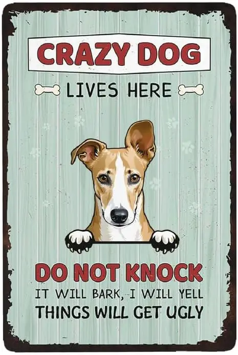 CRAZY DOG LOVES HERE DO NOT KNOCK IT WILL BARK,I WILL YELL THINGS WILL GET UGLY Whippet Fawn White funny dog sign yard Sign d