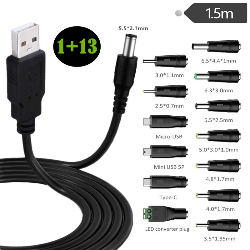 

USB to DC 5.5x2.1mm Power Cable+DC 3.5x1.35mm 4.0x1.7mm Type-C Mini Micro To DC 5.5x2.1 Female Barrel Jack Power Plug Connector