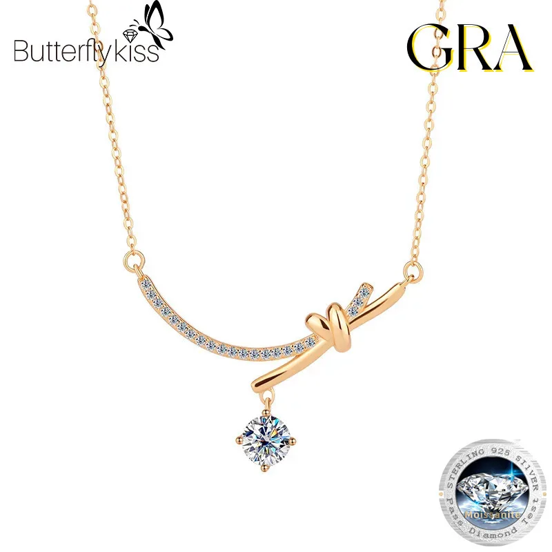 

Butterflykiss Real 1CT Moissanite Bowknot Smile Pendant Necklace Lab Diamonds 925 Sterling Silver For Women Wedding Fine Jewelry