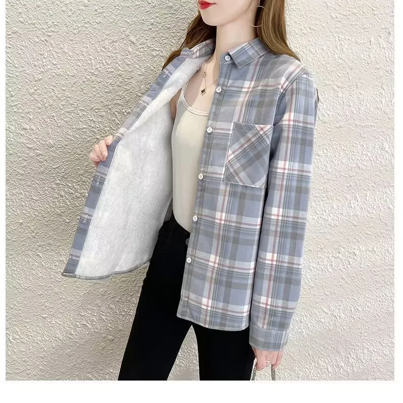 Women's Velvet Thick Warm Plaid Shirt Female Long Sleeve Tops 2025 Winter Fleece Casual Check Blouse Autumn Casual Clothes