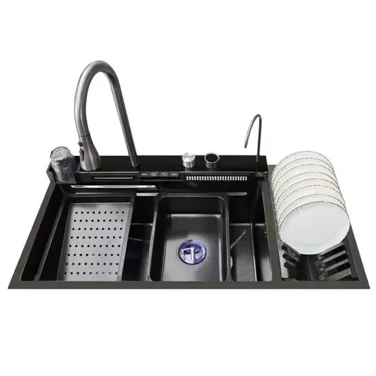 

100cm Multifunction Stainless Steel Piano Key 304 LED Digital Display Kitchen Sink Double Bowl Four Faucet Waterfall Design