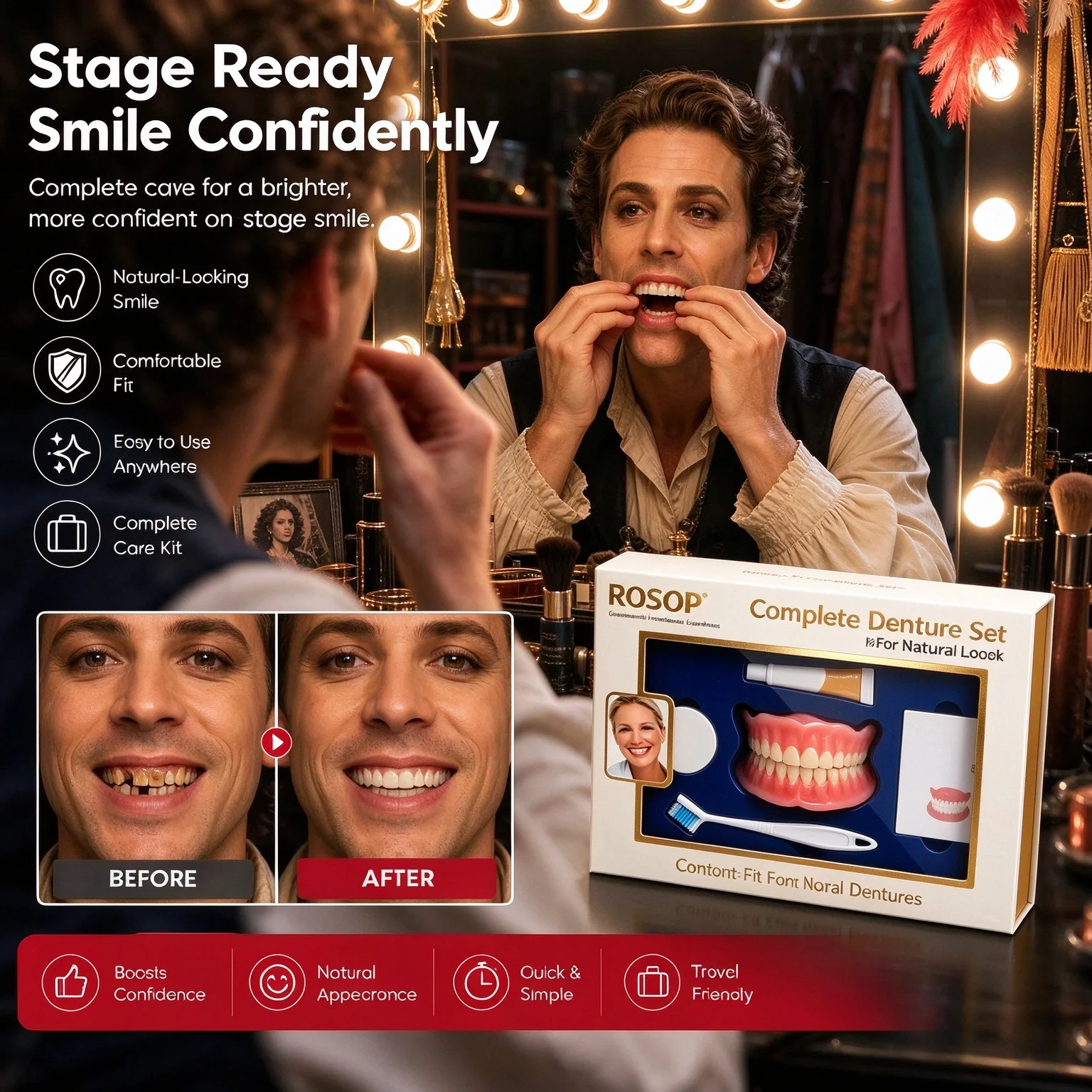High Quality Snap On Dentures Realistic Natural Looking False Teeth Soft Silicone Adjustable Veneers Missing Broken Teeth