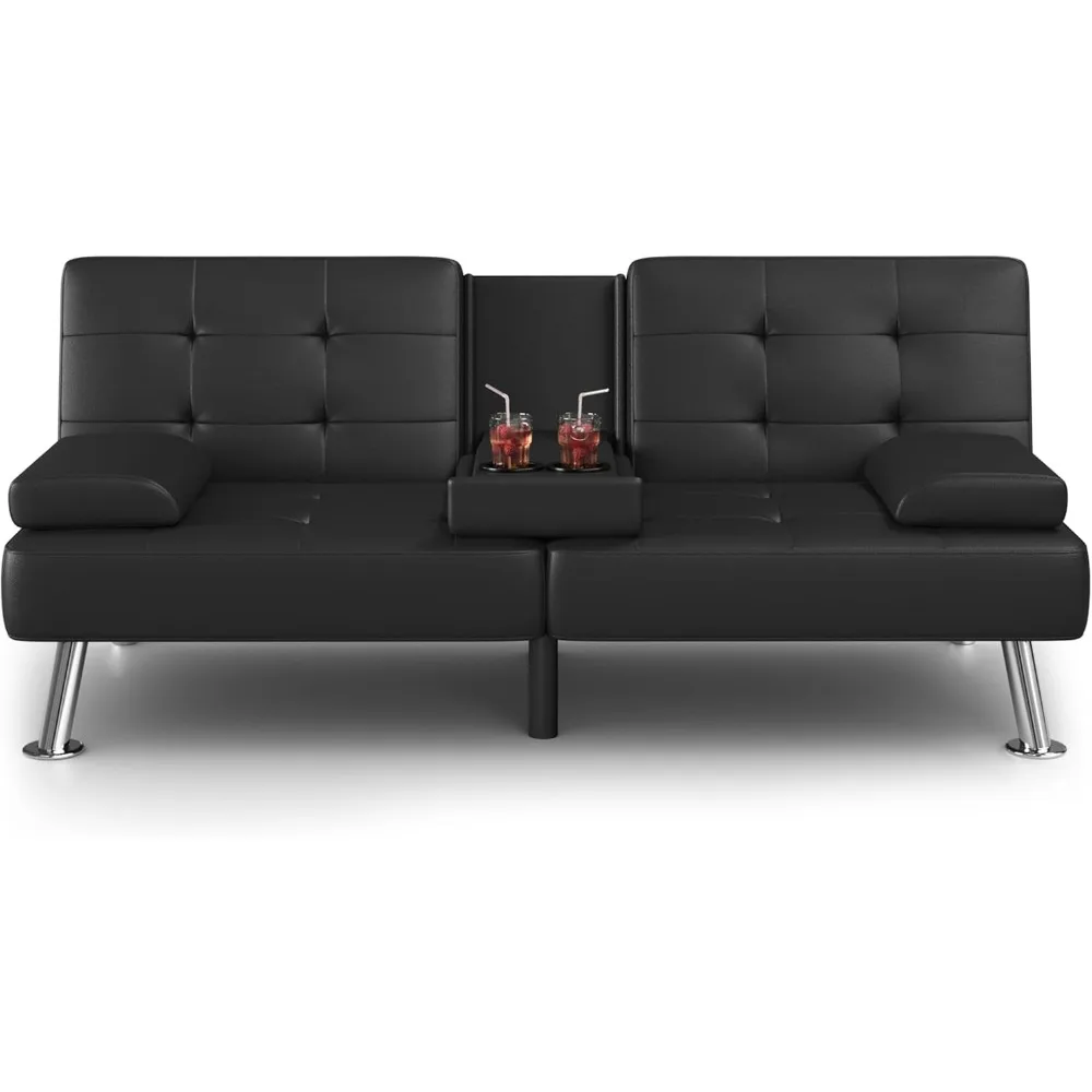 Bed Sleeper Couch for Living Room Faux Leather Upholstered Loveseat w/Removable Armrests, Metal Legs, 2 Cup Holders, Black