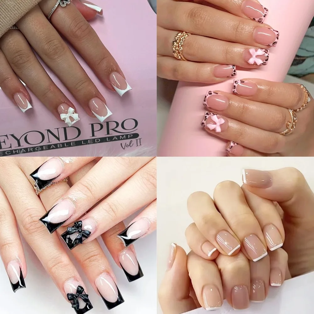 

96Pcs Short French Tip Fake Nails 3D Bowknot Decor Nude Pink Press on Nails Korean Style Stick-on False Nail for Woman Girls
