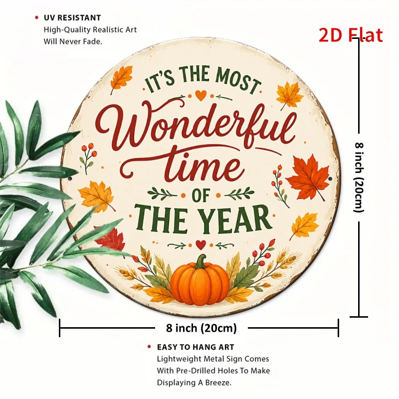 2D Flat, [2Dflat], 1pc20x20cm- Fall Harvest Decor, Thanksgiving Metal Aluminum Tin Plaque, Round Pumpkin Maple Leaf Wall Sign fo