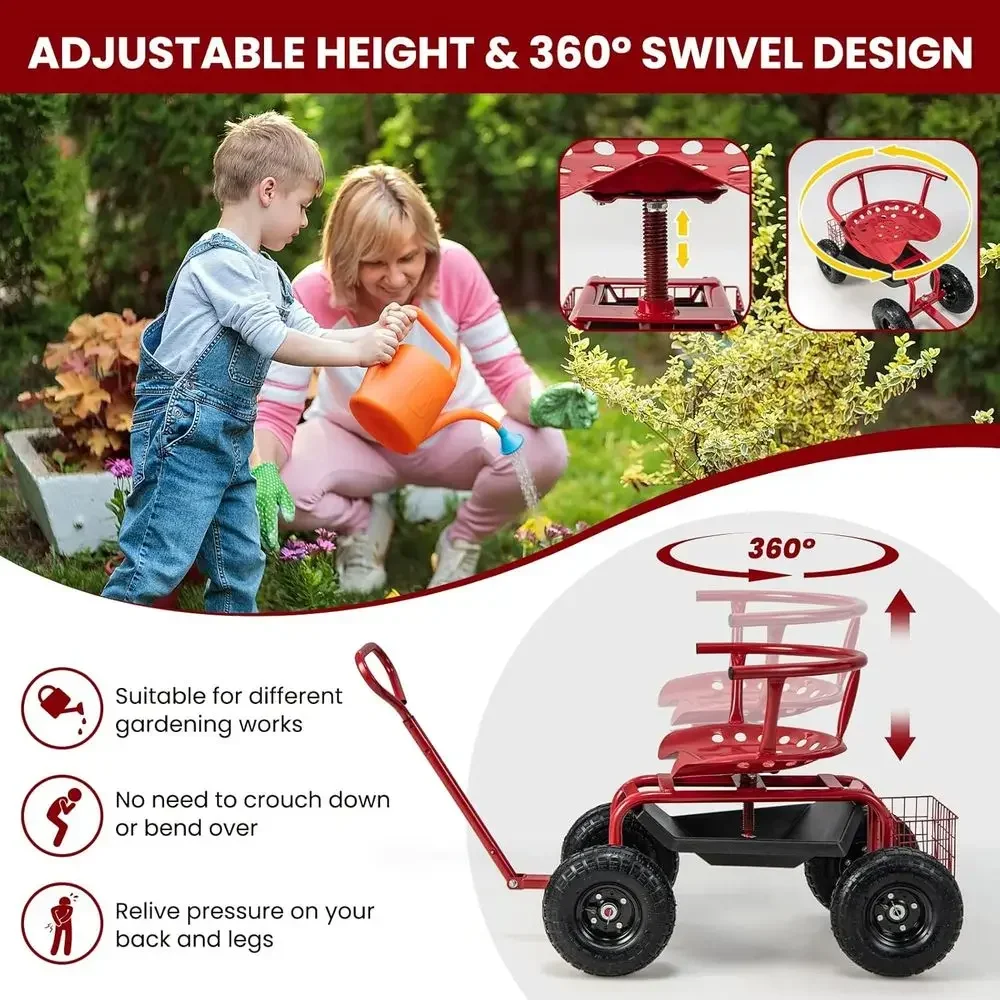 Heavy-Duty Garden Cart with Adjustable Seat, Rolling Scooter, Storage, Outdoor Yard Work Helper (Green)
