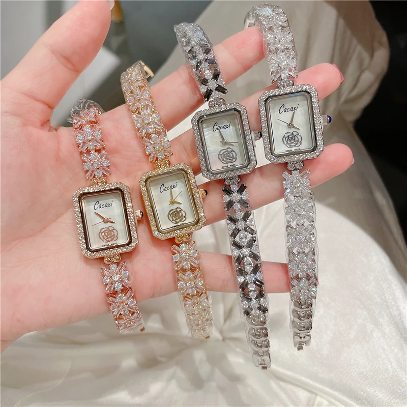 Qualtiy AAA Zircon Watches Camellia Flower Rectangle WomenWatch Crystal Bracelet Watch for Wedding Party Fashion Jewelry  A172