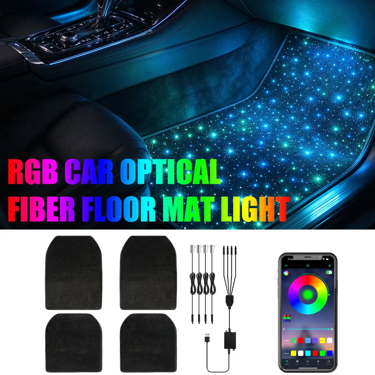 1Set Starlight RGB Car Mats WaterProof Star Light USB Car LED Rugs APP Control Universal Decoration Atmosphere Light