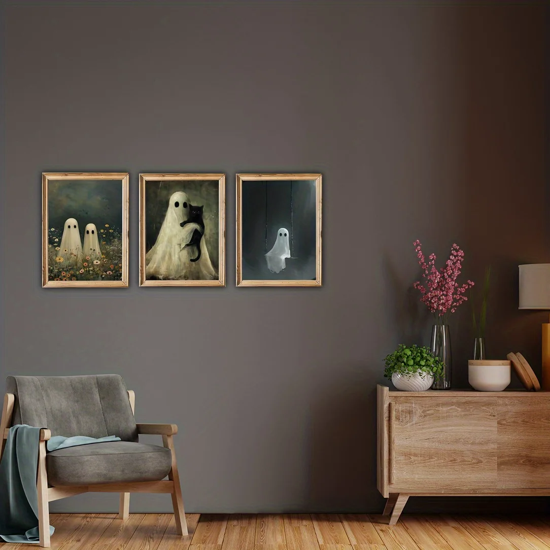 الرجعية شبح و القط الأسود الحيوان قماش يطبع شبح زوجين زهرة جدار الفن الملصقات لغرفة المعيشة الحديثة هالوين ديكور المنزل