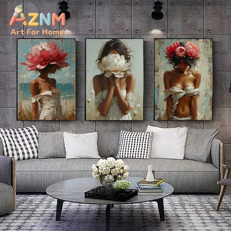Mulatto Girls Posters and Prints Flowers Head Woman Portrait Wall Art Canvas Painting for Home Living Room Decor Mural Cuadros