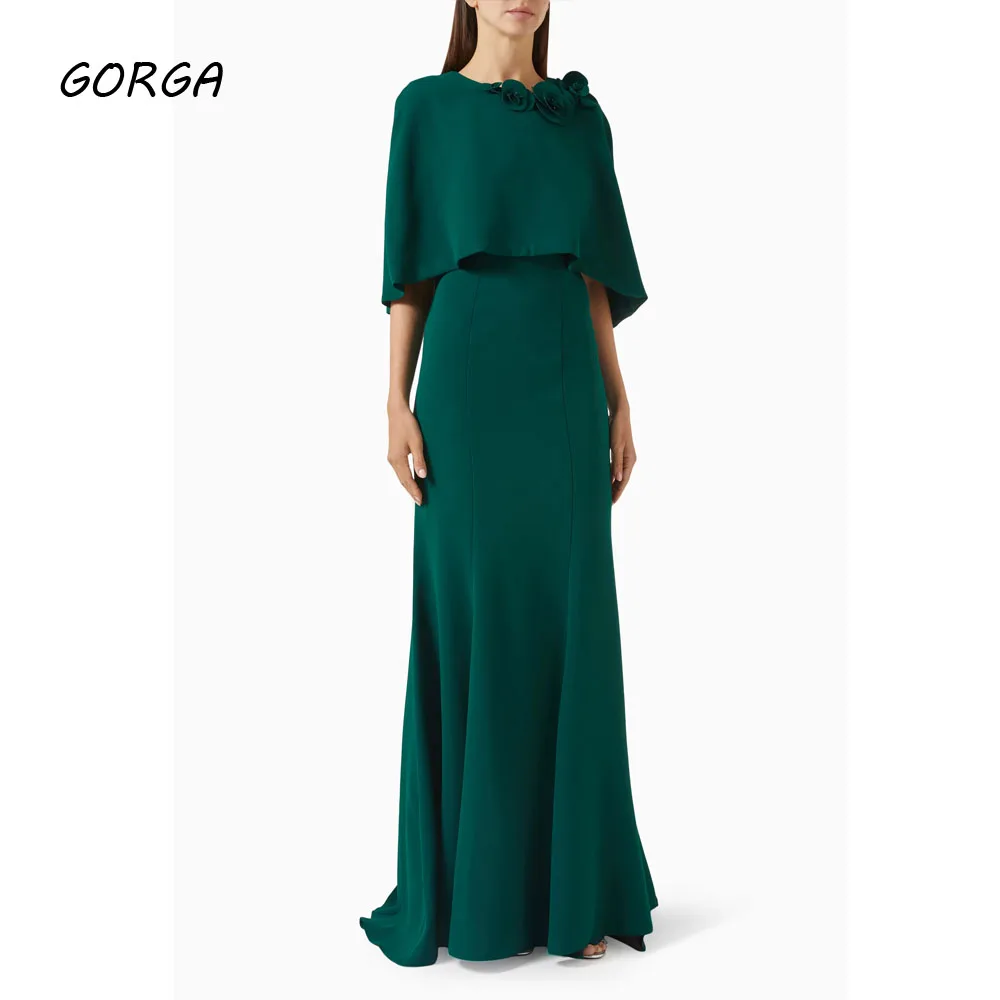

GORGA Customized Green O-Neck Crepe Formal Evening Dress with Flowers Slim Mermaid Prom Dress 2025 Half Sleeves Party Dress