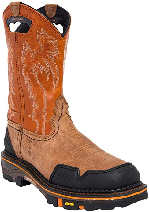 Men's Brown Leather Work Cowboy Boots Embroidered Pattern Heavy-Duty Sole Safety Toe Design for Rugged Industrial Outdoor