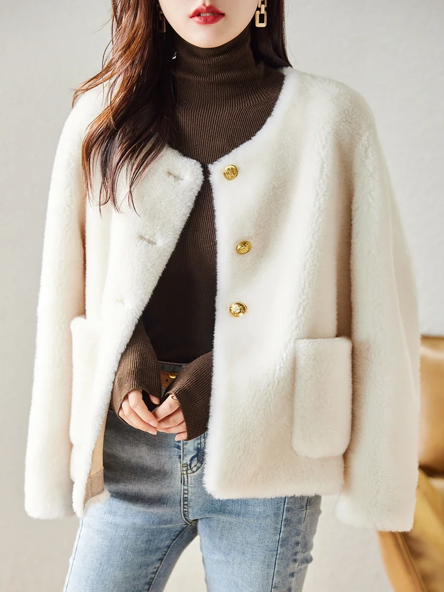 Nuovo cappotto di pelliccia di lana granulare girocollo alla moda