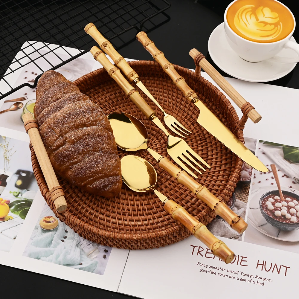 5Pcs Creative Home Bamboo Handle Dinnerware Cutlery Set Stainless Steel Tableware Steak Knives Fork Spoon Flatware Set For Home view 5