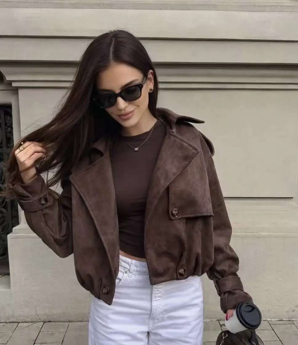Women S Jacket 2026 Fall New Style Classic Commuter Style Solid Color Long Sleeve Suede Short Loose Casual Parka