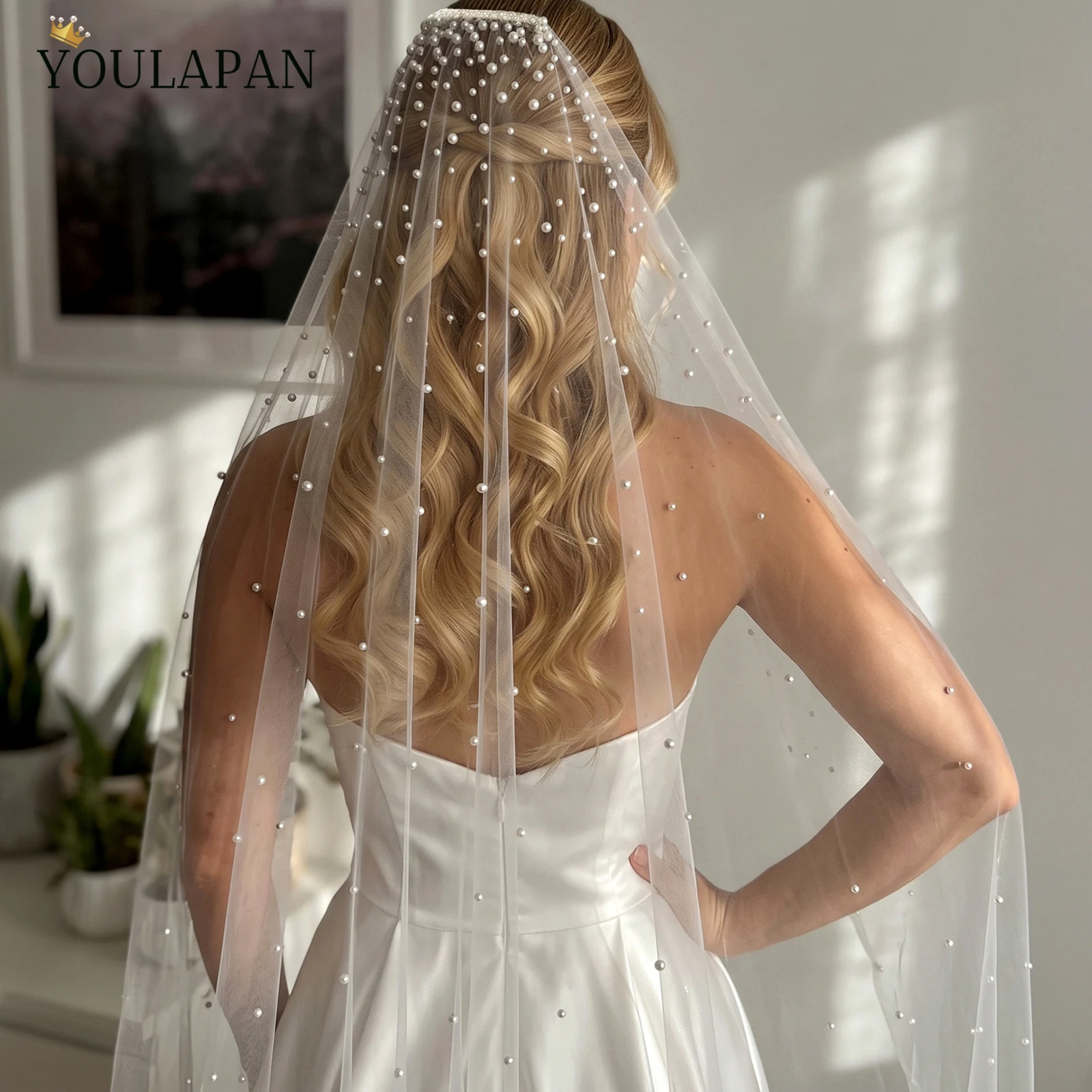TOPQUEEN Elegant Pearls Bridal Veil Soft 1 Tier фата испанка Beaded Wedding Veil For Bride Simple Cathedral Veils With Comb V180