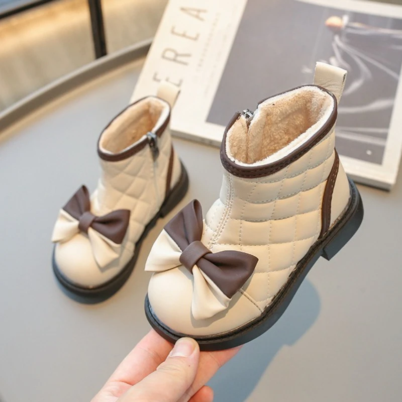 Fashion Girl Shoes 2525 Winter New Kids Bow Leather Boots Simple Versatile Girls Ankle Boots Comfort Anti Slip Child Snow Boot