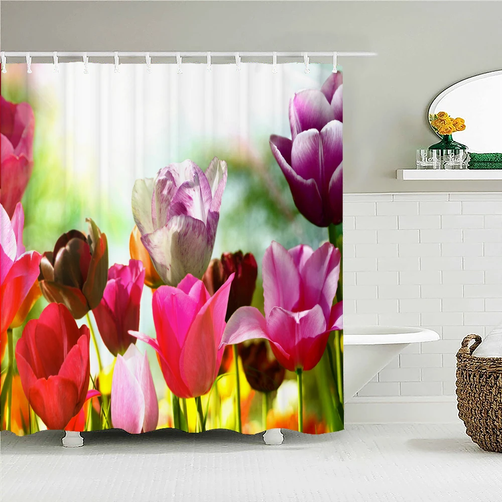 

Pink Tulip Flower Shower Curtain Colorful Floral Botanical Print Shower Curtains Waterproof Polyester Bathroom Decor with Hooks