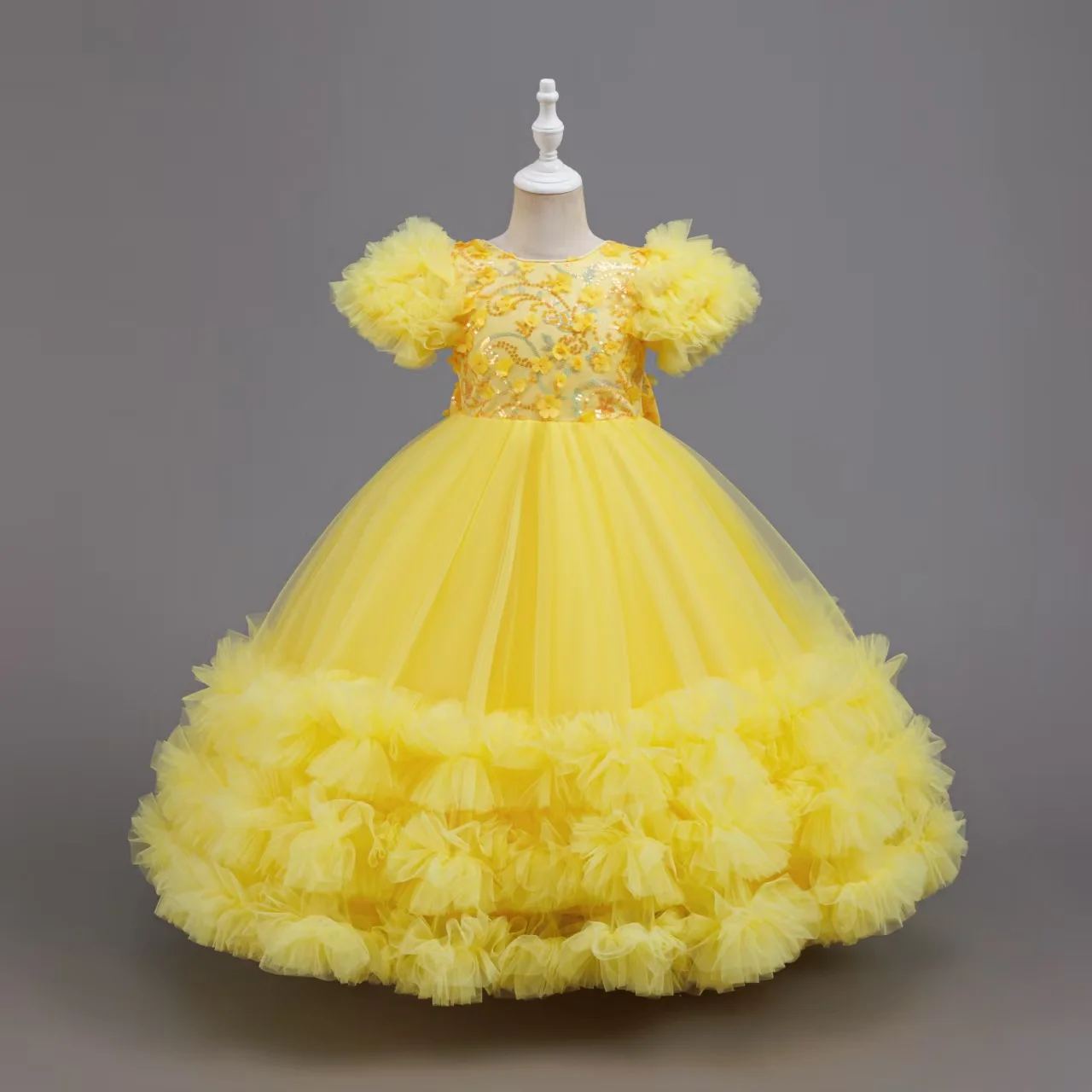 Eleganz Neues gelbes Prinzessinnenkleid mit Pailletten, Hochzeit, Blumenmädchenkleid, kleiner Gastgeber, große Kinder, Karneval, formelle Veranstaltung, 5–12 Jahre