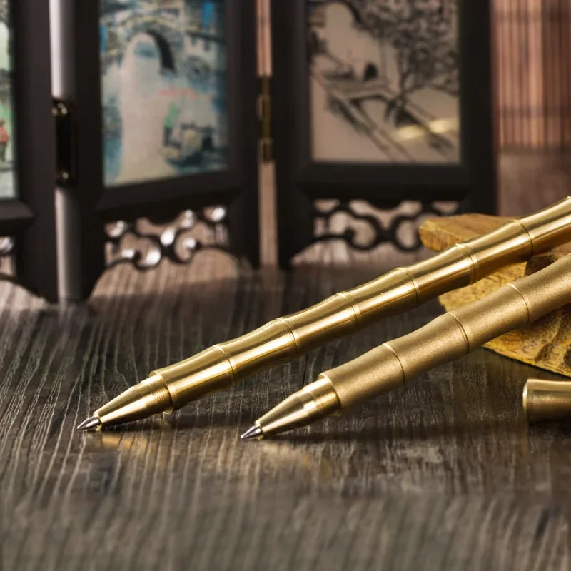 New 2026 Luxury Bamboo Texture Brass Metal Pen Neutral Signature Ballpoint Pen Business Office Gift Stationery Writing Tool - view 4