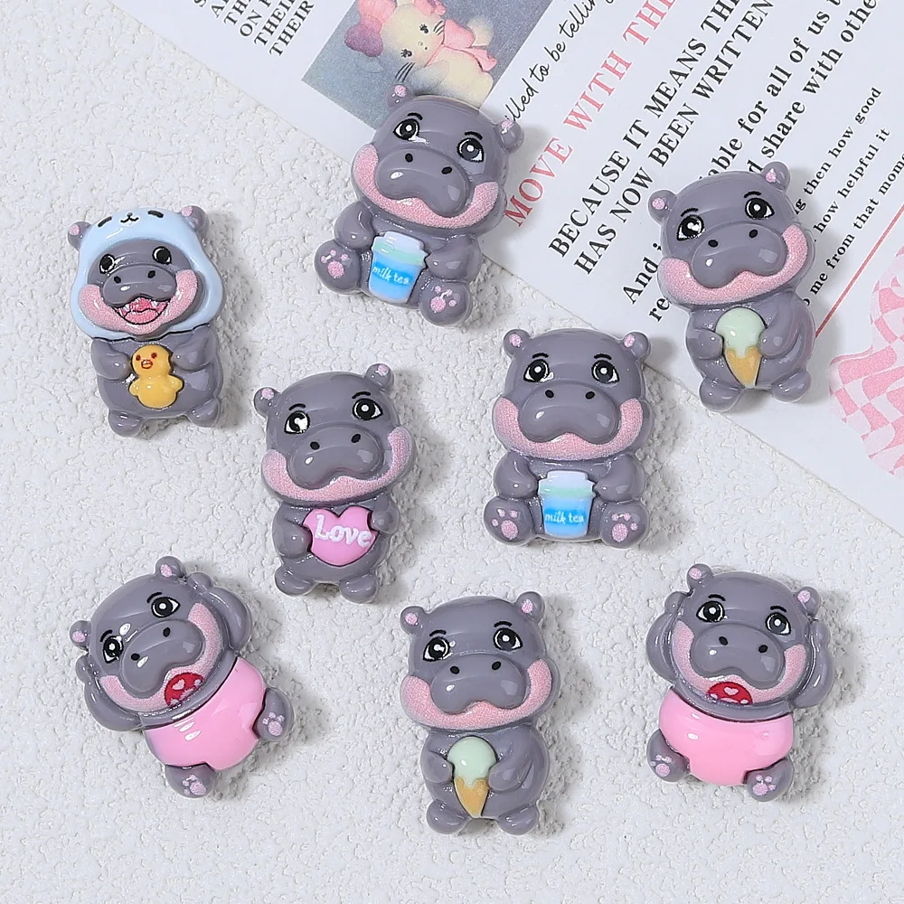 10Pcs Kawaii Cartoon Hippo Flatback Resin Cabochon Scrapbooking Crafts DIY Hair Bows Center Accessories Phone Decoration Parts