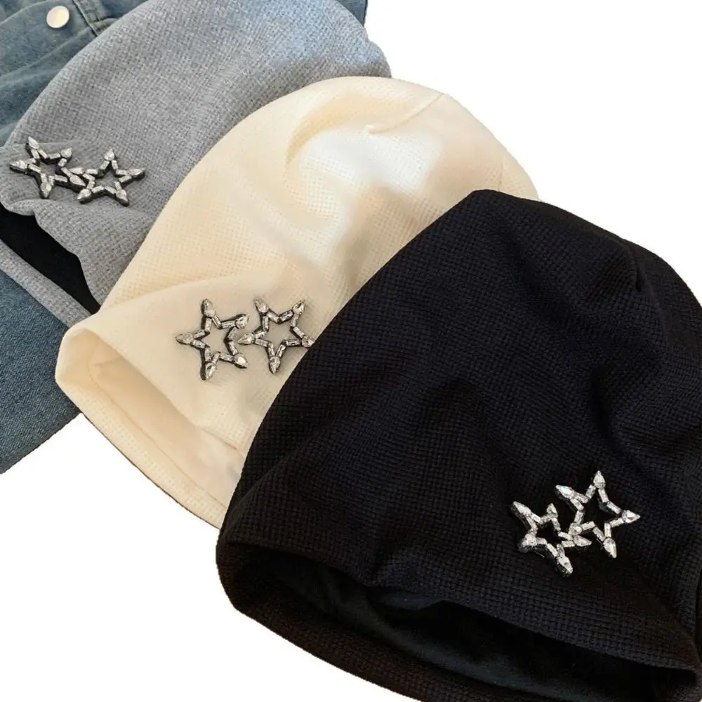Bling Bling Decor Star Beret Hat Ear Protection Elastic Star Beanie Cap Brimless Warm Knit Slouchy Skull Cap Outdoor Casual