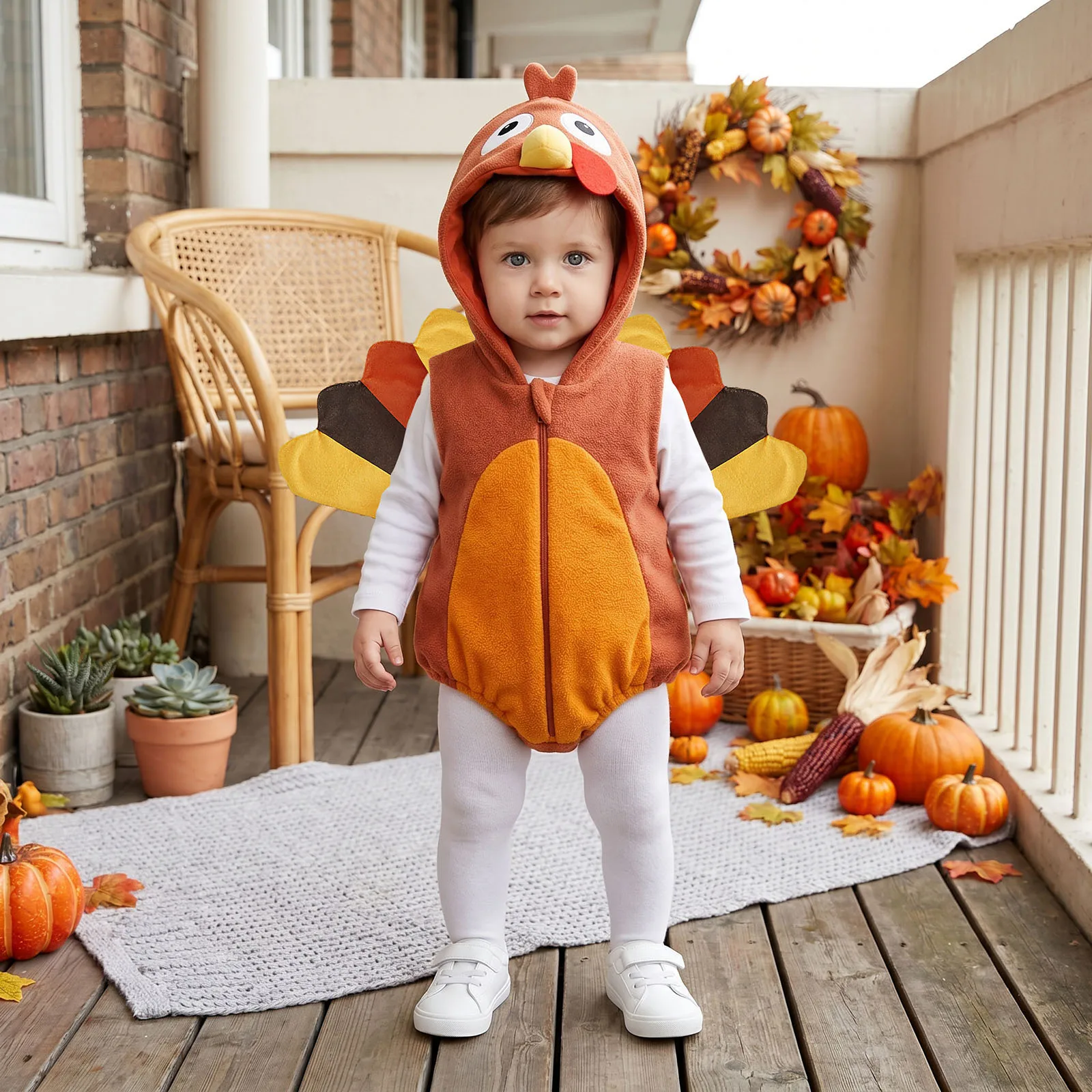 Baby Turkey Costume for Boys Girls Plush Sleeveless Hooded Bodysuit Thanksgiving Toddler Kids Romper Photography Costumes