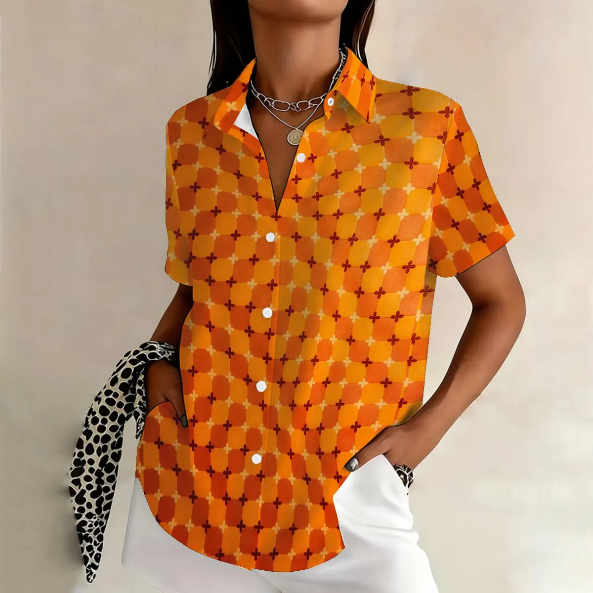 

Women's Plus Size Orange-Red Geometric Print Short Sleeve Shirt, Retro Trendy, Versatile for Daily & Commute Social gatherings