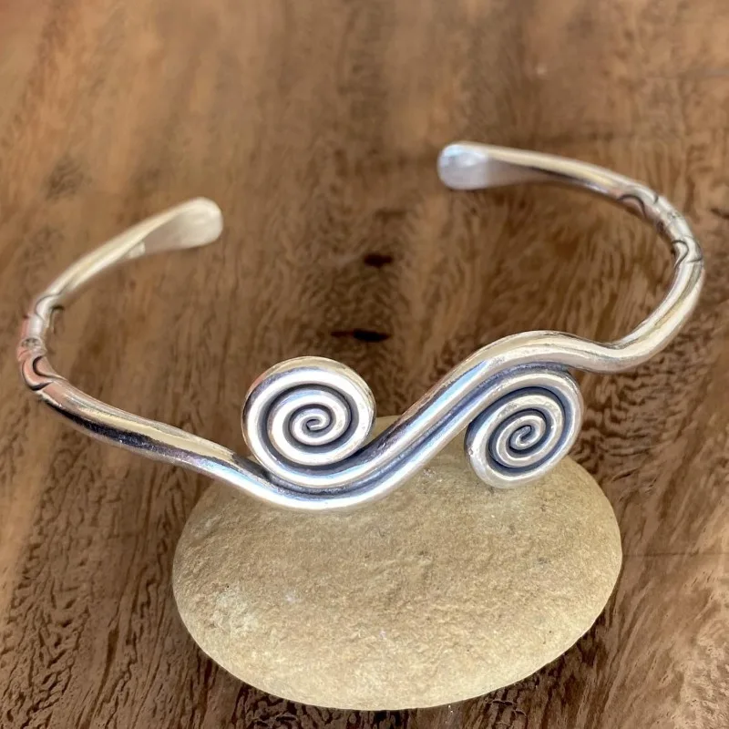 Boho Cuff Bracelet with Spirals and Symbolic Engravings, Adjustable Handmade Engraved Ethnic Tribal Rounded, for Women or Men