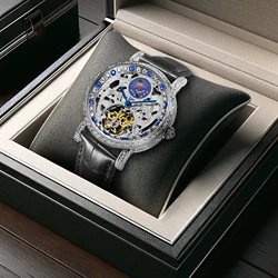 New Men's Watch Silver Black Belt Luxury Style Exquisite Carving Sun and Moon Fully Automatic Mechanical Watch