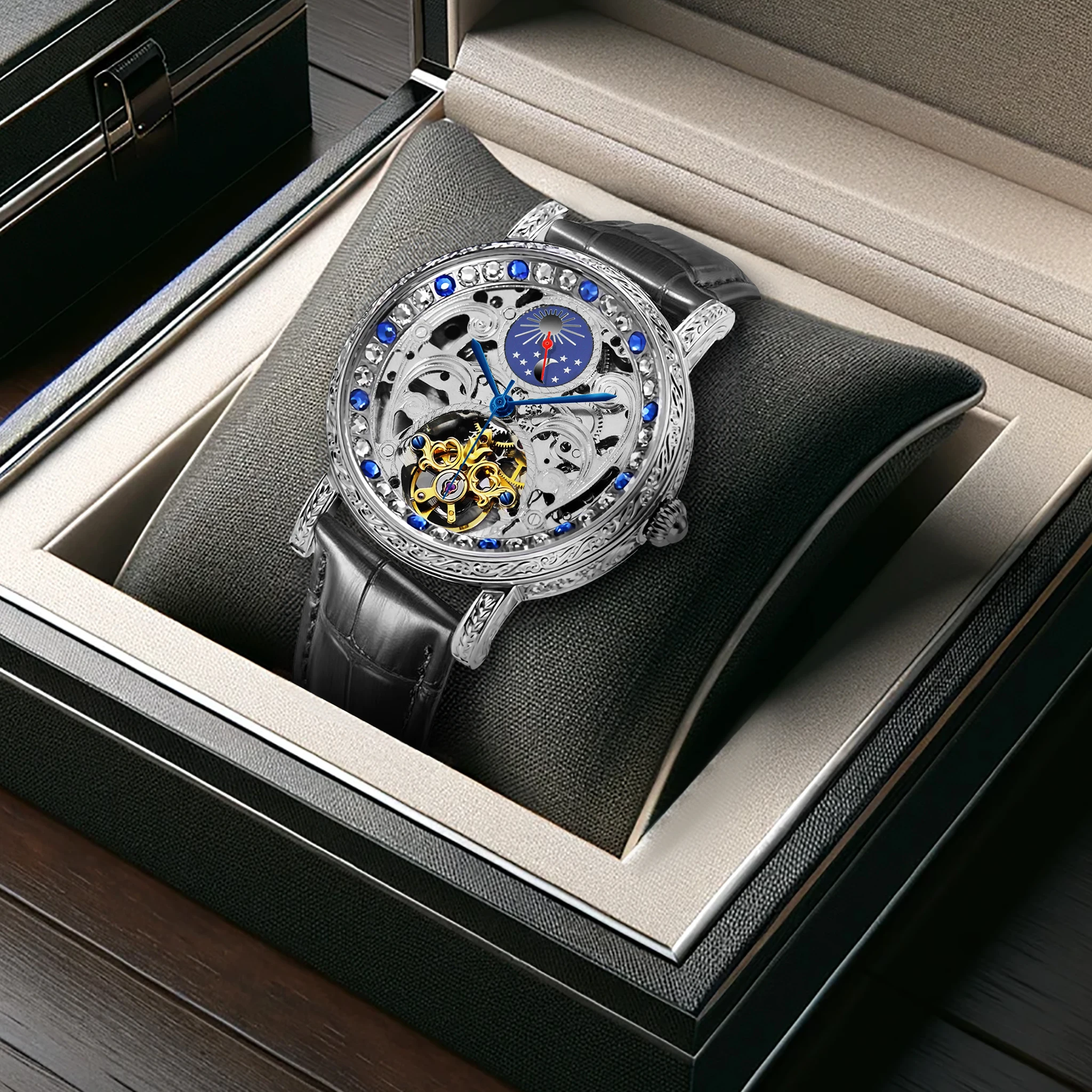 New Men's Watch Silver Black Belt Luxury Style Exquisite Carving Sun and Moon Fully Automatic Mechanical Watch