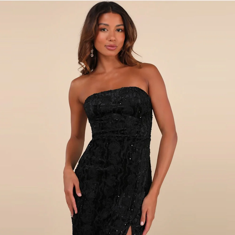 

New Arrival Black Strapless Lace Sequin Evening Dress High Slit Bodycon Maxi Gown For Prom Cocktail Customized