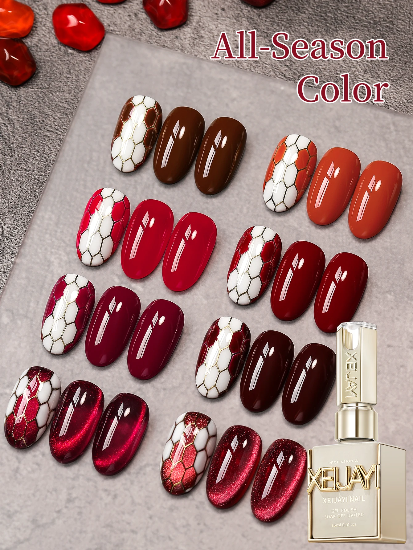 XEIJAYI 15 ml 8-teiliges Gel-Nagellack-Set aus der Ankara-Rot-Serie, UV-LED-Eintauchen-Nagellack, Feiertags-DIY-Nagellack-Design – Detail 6
