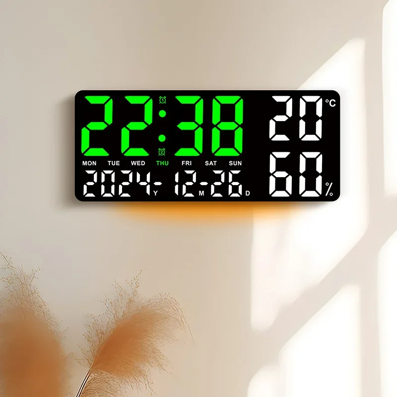 Large Digital Wall Clock with Remote Control Temperature Humidity Display Dual Alarm Timing Countdown 12/24H LED Alarm Clock
