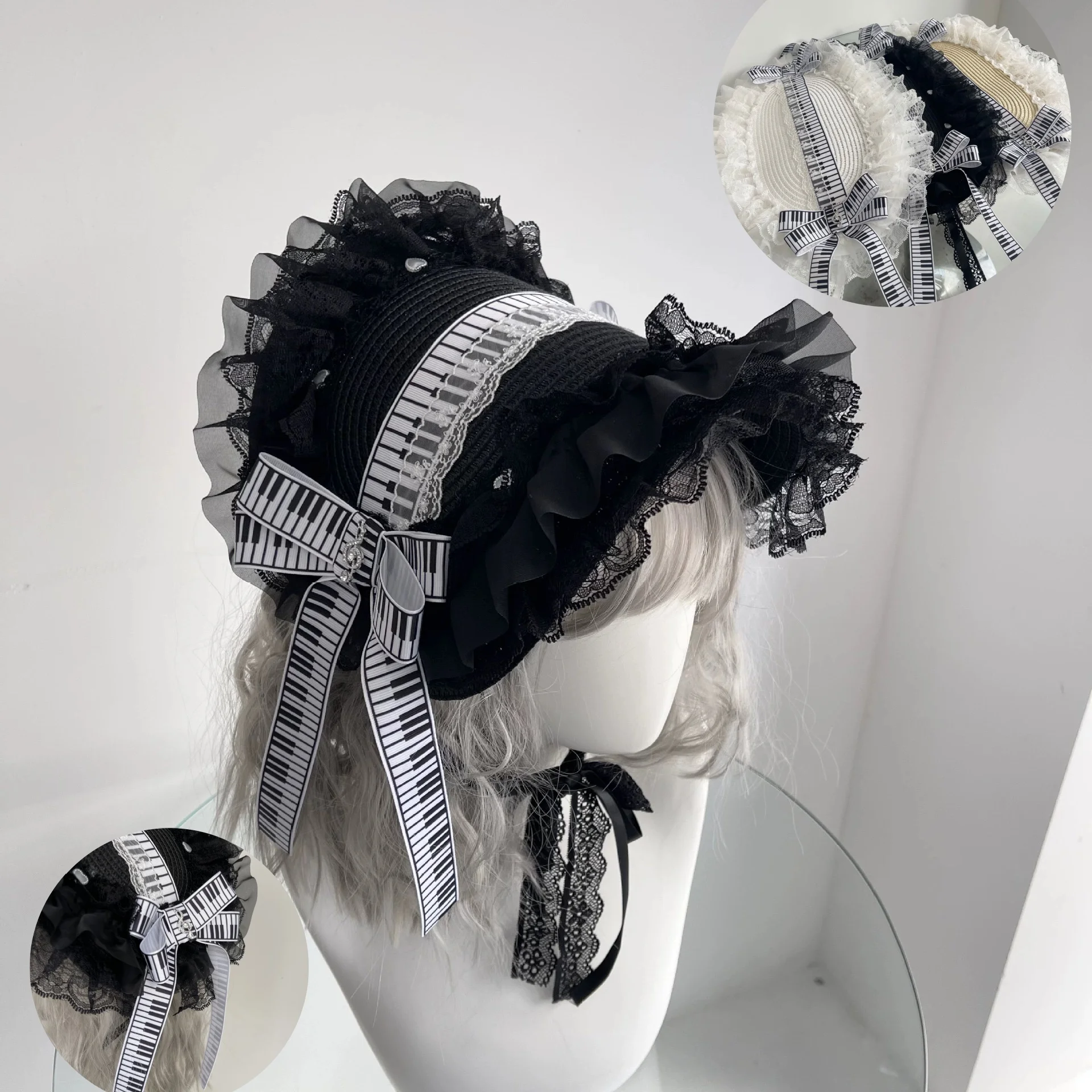 

Original Music Note Hat Lolita Handmade Top Gothic Dark Lolita Straw Hat Japanese KC Lace Trim Sun Hat