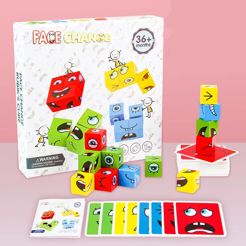 Game Wooden Expression Face Changing Cube Puzzle Building Blocks Magic Cubes Matching Games Montessori Toys Thinking Challenge