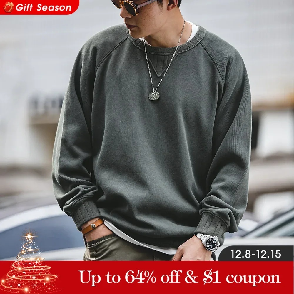 Maden Vintage Crew Neck Sweatshirt for Men Solid Color Cotton Pullover Male Basic Style Black Sweatshirt Autumn Outerwear