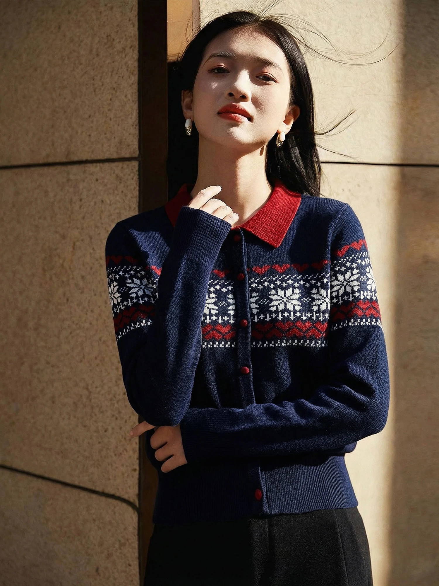 

Chivirin Camere Geometric Print Turn-down Collar Knitted Sweater Women's Vintage Sle All-matching Spring Autumn Top