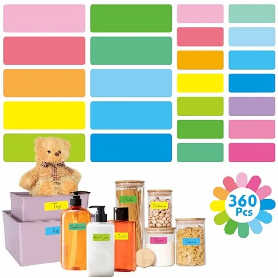 360 PCS Removable Labels, 14 Colors Self-Adhesive Rectangular Stickers Water/Oil/Tear Resistant with Perforation Line for Food