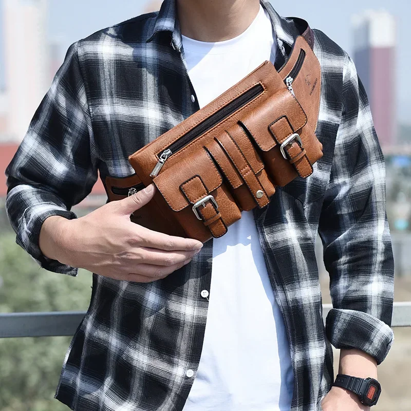 Men\'s Waist Bag Crossbody Shoulder Chest Bags for Man 2026 Leather Man Belt Pouch Travel Pack Large Cell Phone Pocket Fanny Pack