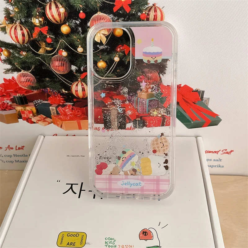 

Luxury Waffle Cake Liquid Quicksand Bling Glitter Phone Case For iPhone 15 13 14 16 Pro Max Cute Cartoon Hello Kitty Cover