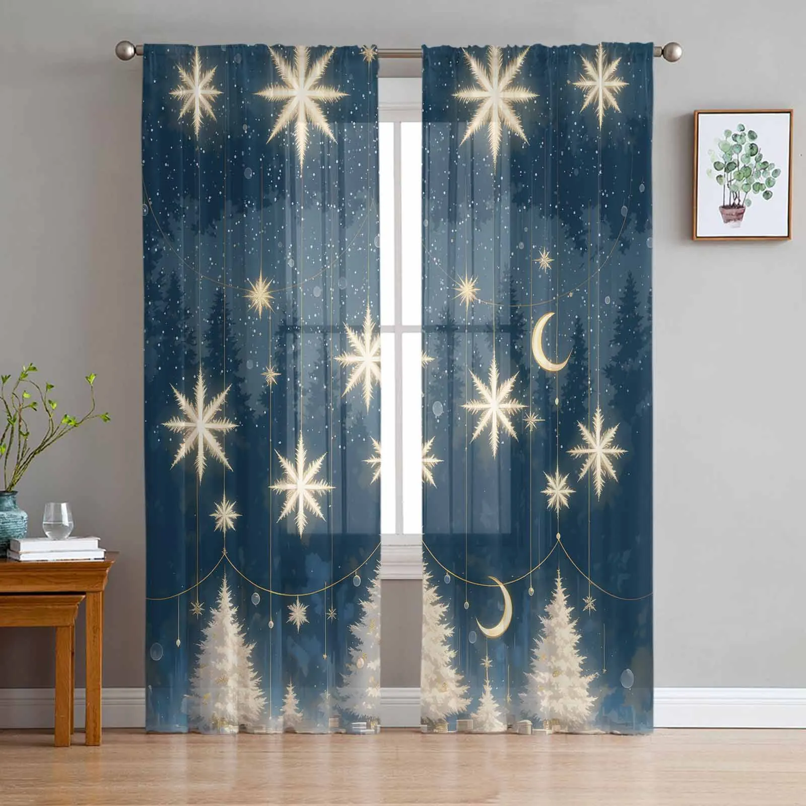 

Christmas Tree Stars Moon Gift Snowflakes Sheer Curtains For Living Room Window Transparent Voile Tulle Cortinas Drapes Home