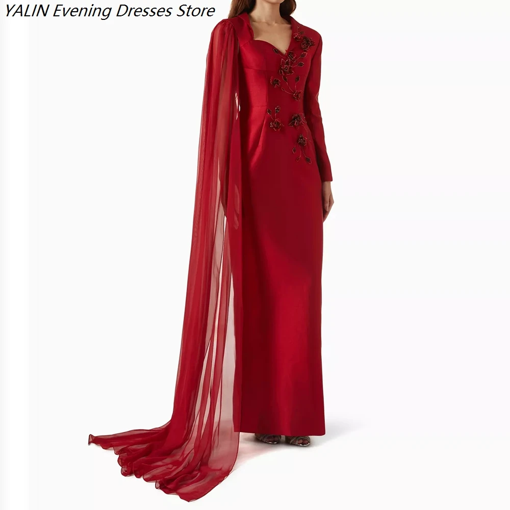 Women's Straight Evening Dresses Floor-length V-neck Full Sleeve Prom Dresses Fashion Flowers Stole Draped Customized Gowns