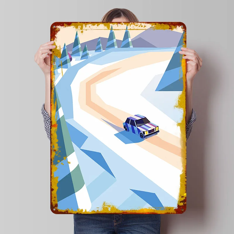 on Snowy Mountain Road Car Printing Poster Customized Retro Wall Art Vintage Metal Signs for Fans Office Decoration Room Decor